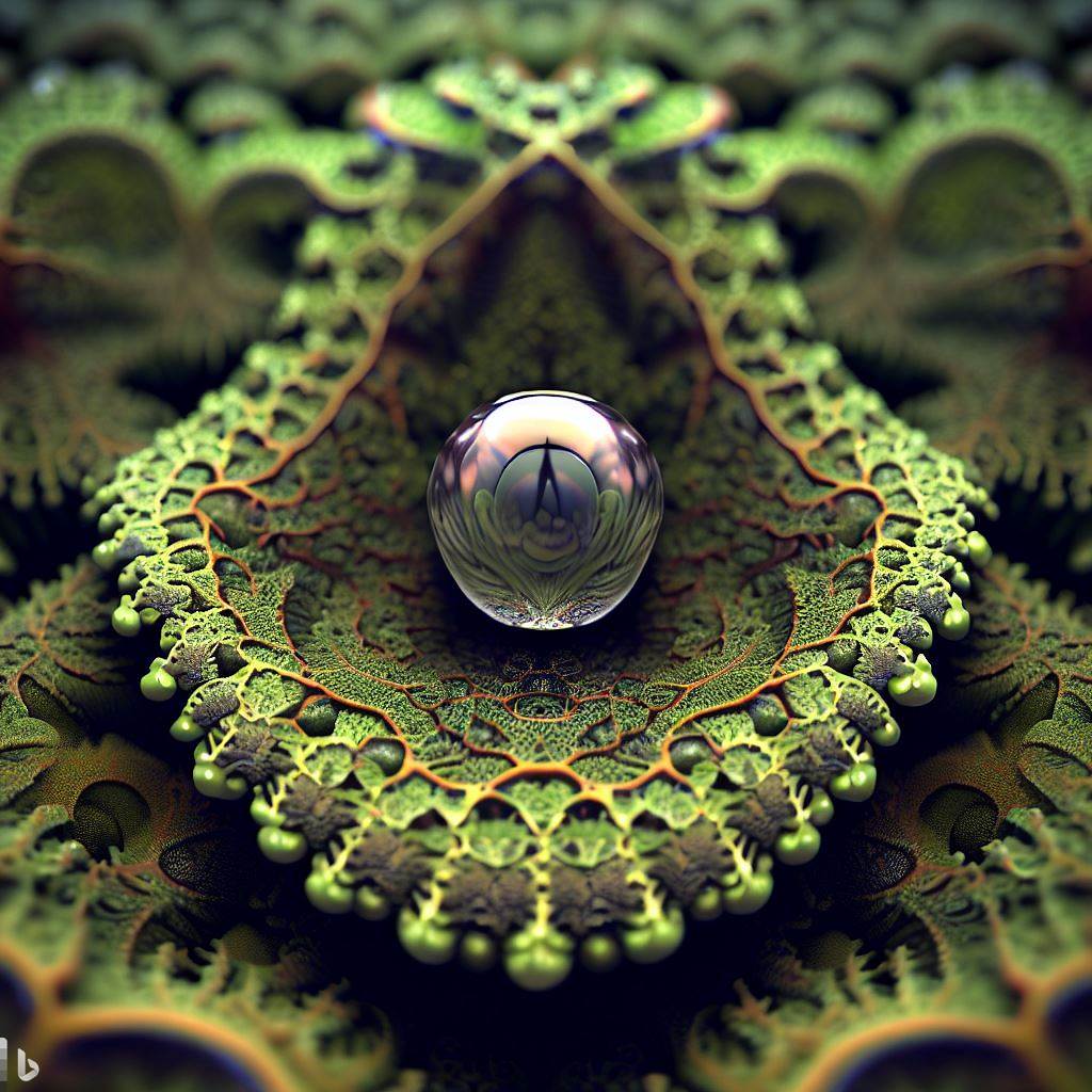 3D hyper-detailed raindrop centered in a fractal mossy lichen rainforest recursion fusion macro druid-knot.jpg